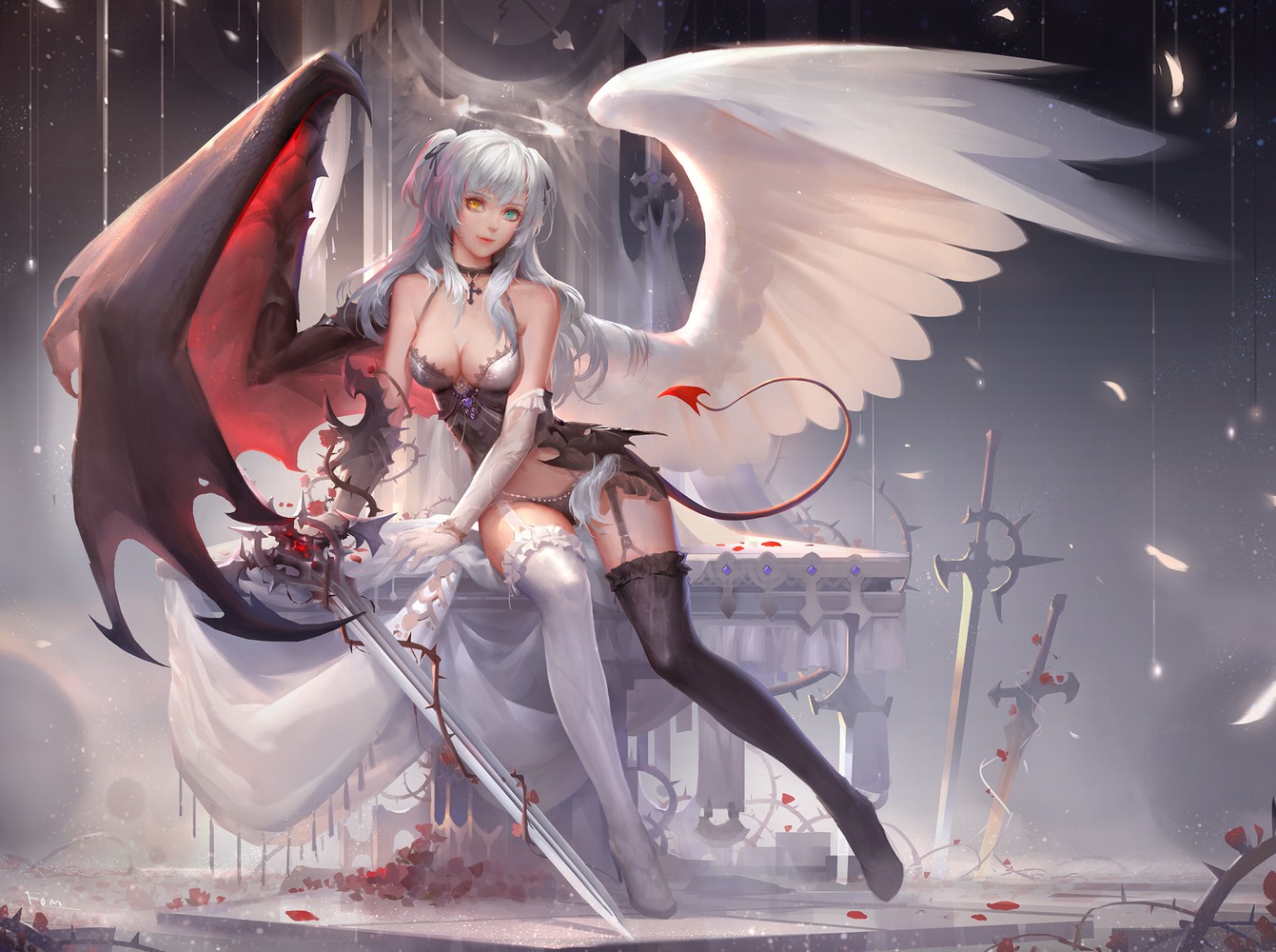 Девушка ангел демон с разными крыльями fom (lifotai)