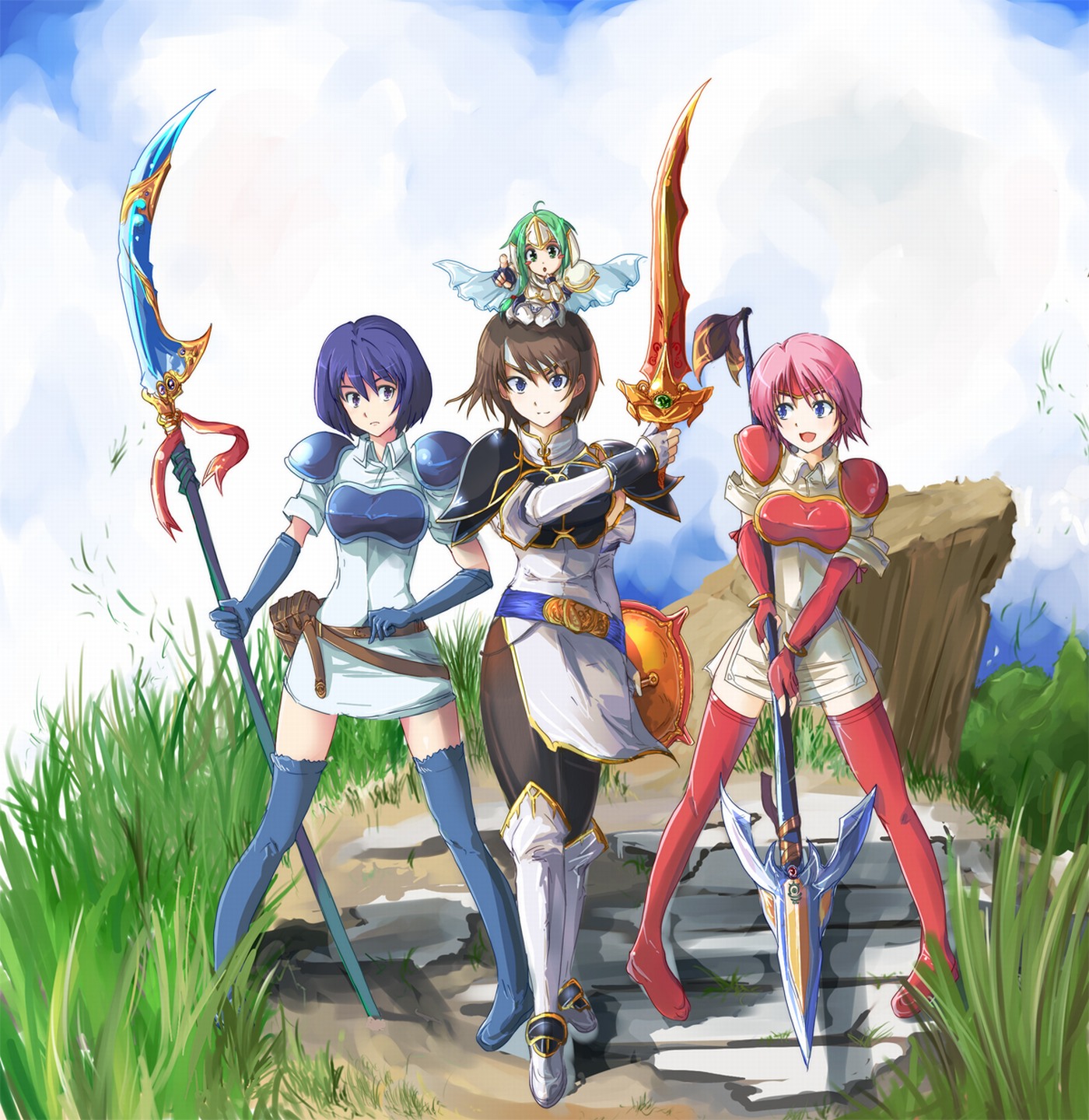 Три аниме девушки с оружием и фея