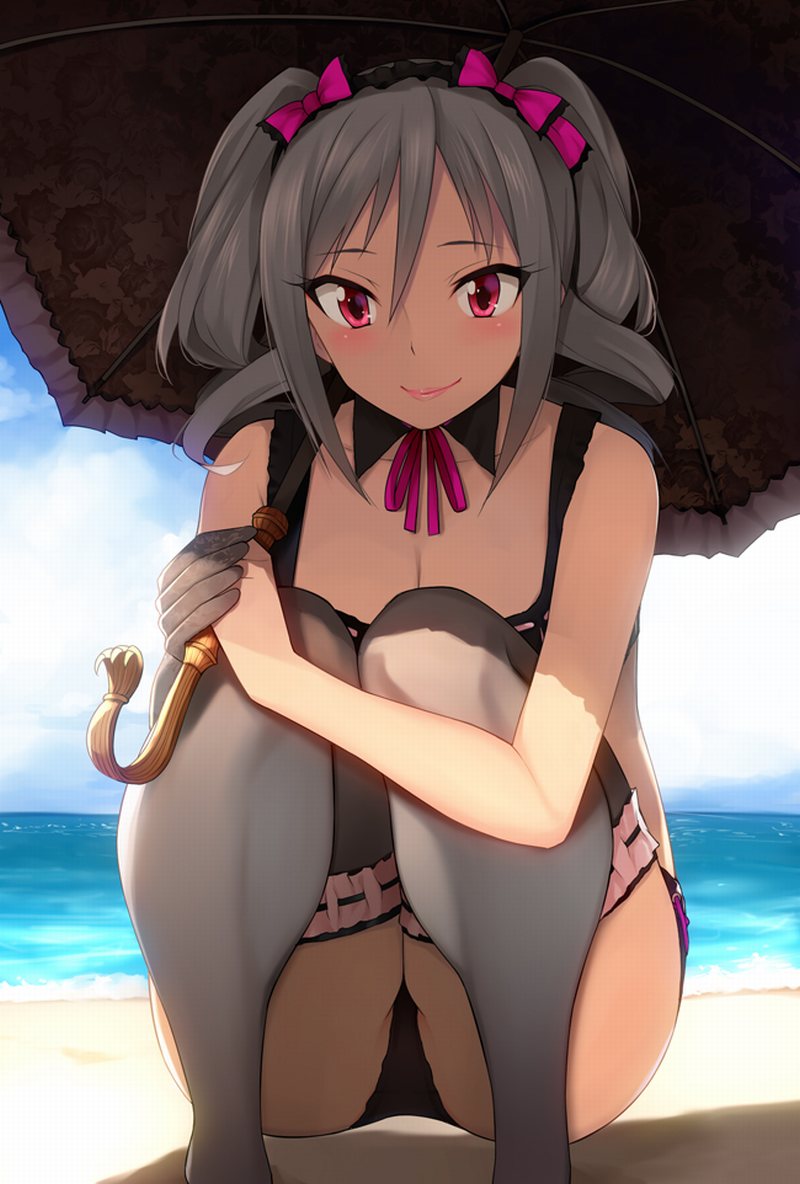 аниме девушка на пляже в бикини под зонтом kanzaki ranko