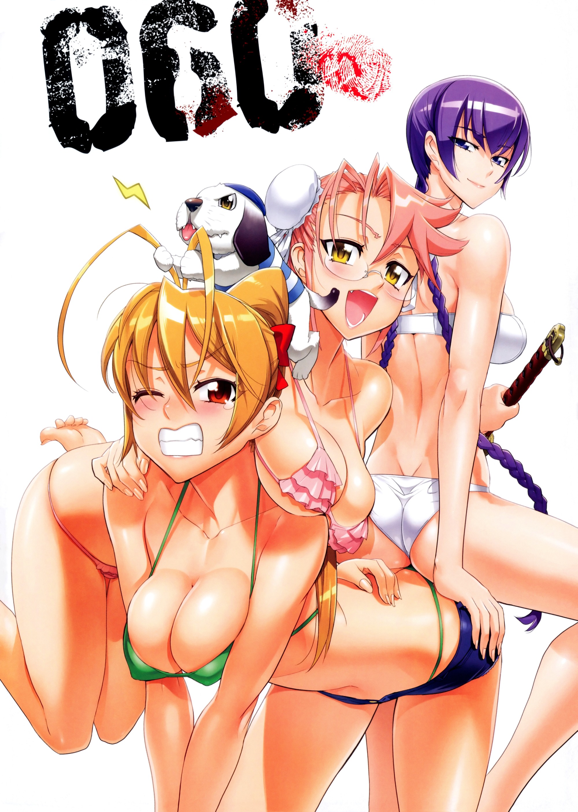три девушки и собака miyamoto_rei busujima_saeko takagi_saya