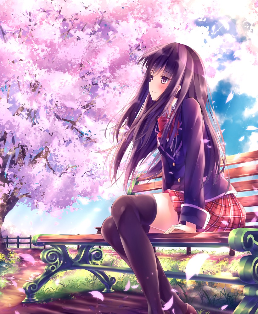 девушка на скамейке под деревом сакуры by soujun7023
