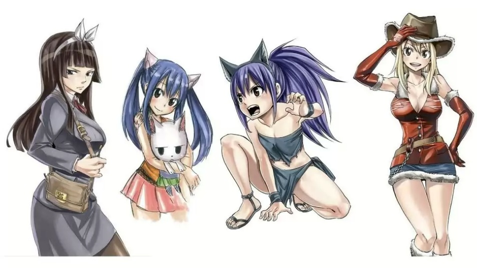 три девушки и кошка из аниме Хвост Феи lucy heartfilia wendy marvell kagura mikazuchi charle
