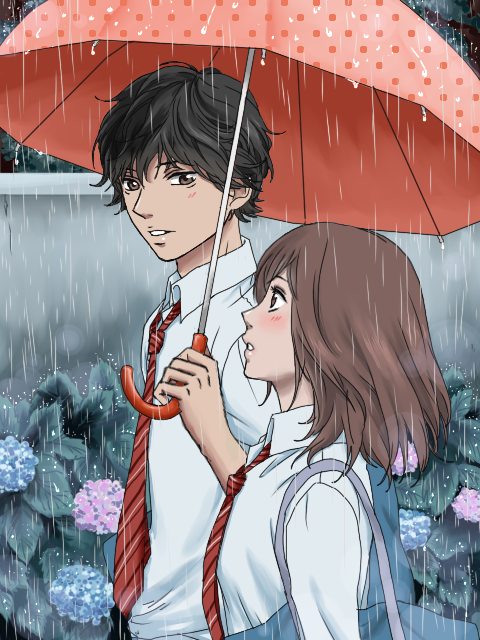 девочка с мальчиком под зонтом из аниме Дорога юности / Ao Haru Ride
