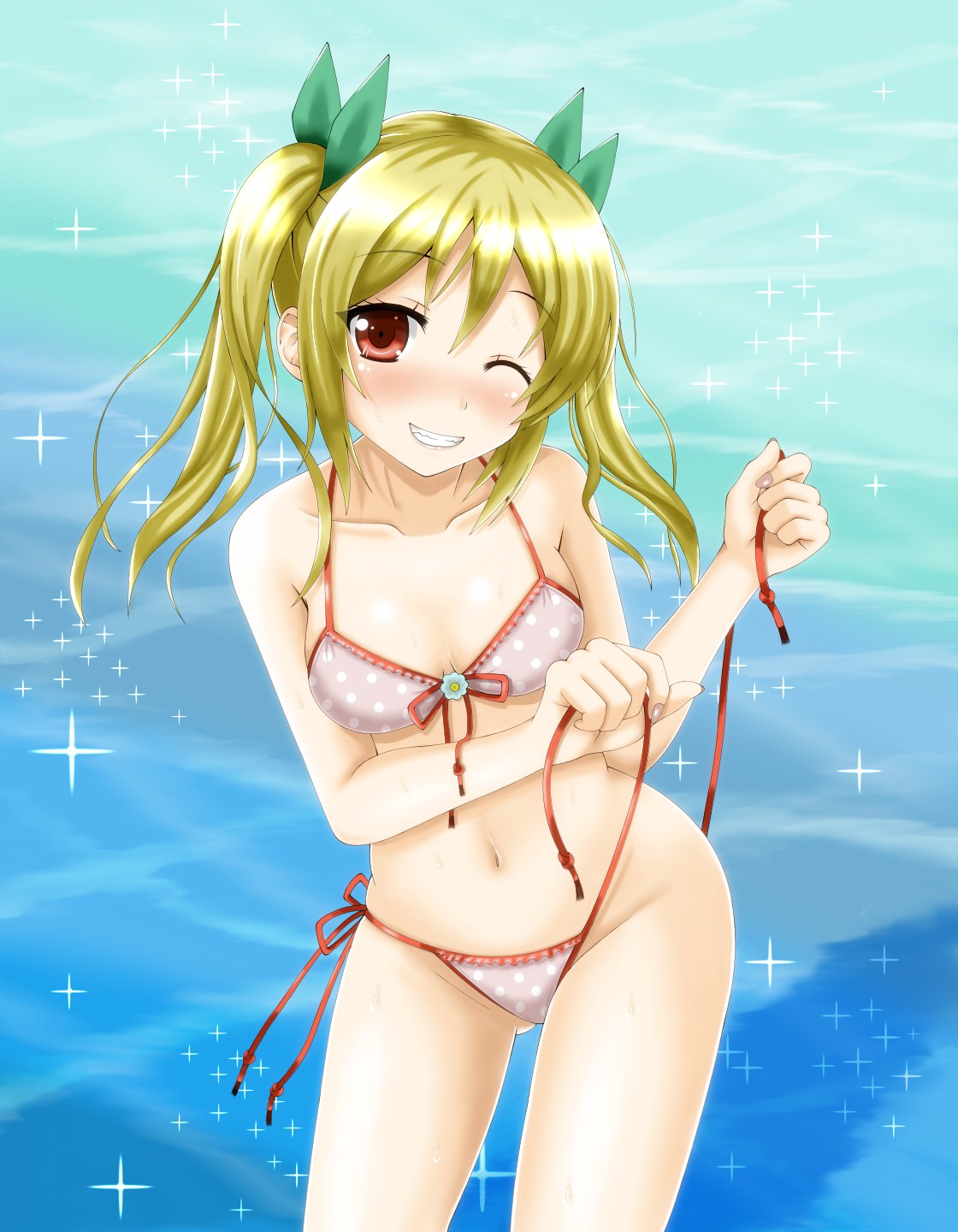 Девушка развязывает верёвки на купальнике Сагава Акане из аниме Ты думал жена в онлайн-игре девушка?